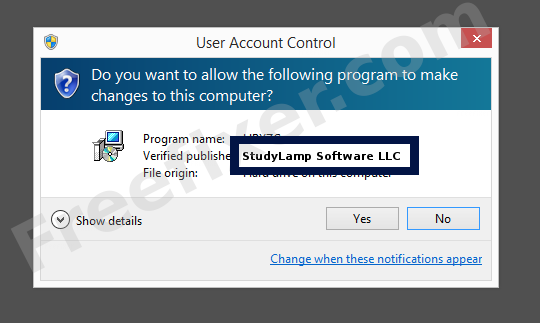 Screenshot where StudyLamp Software LLC appears as the verified publisher in the UAC dialog